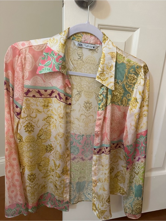 Zara Tops - Zara Multicolor Baroque Print Button-Down Shirt - Pink, Green & Gold
